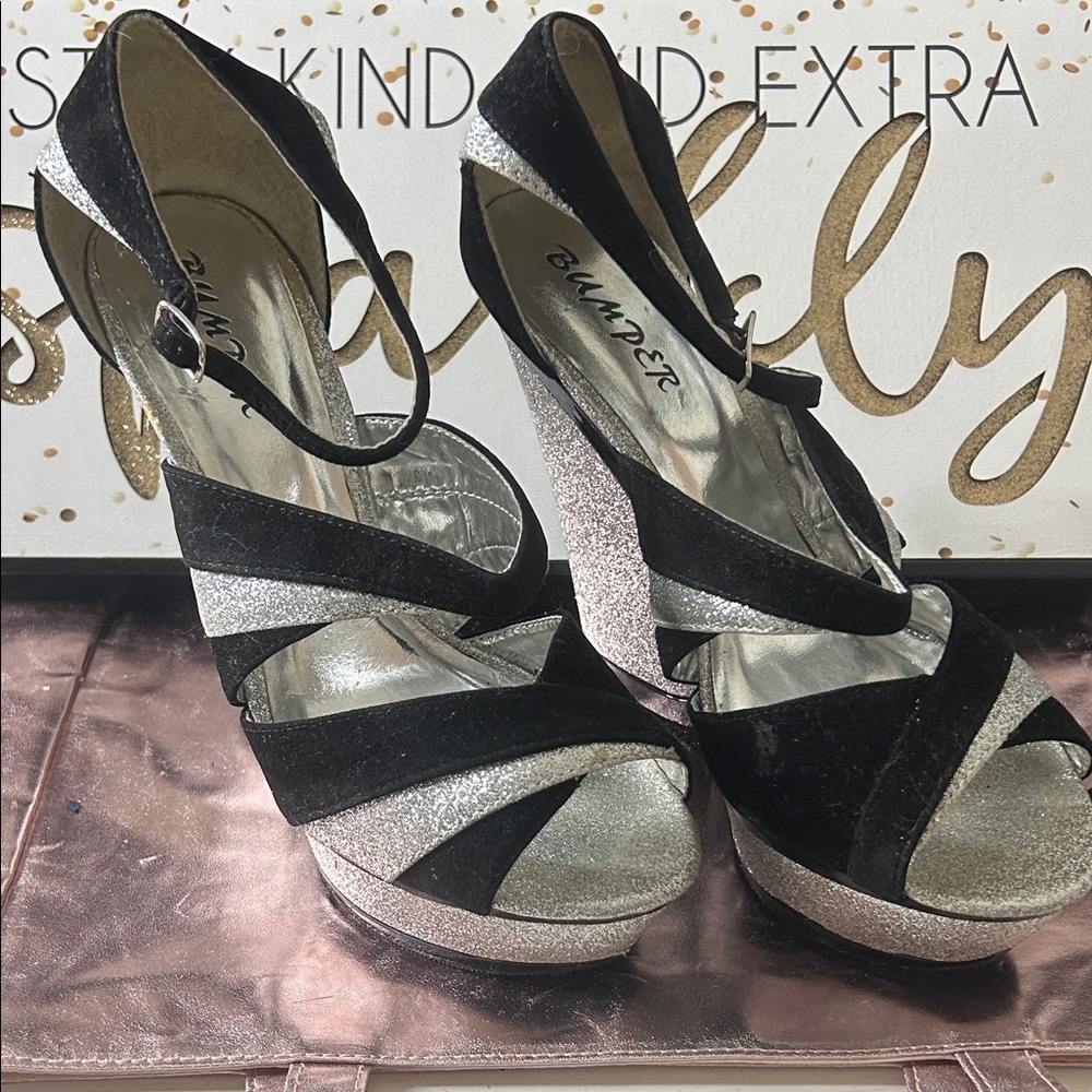Bumper Black and Silver Platform Heels